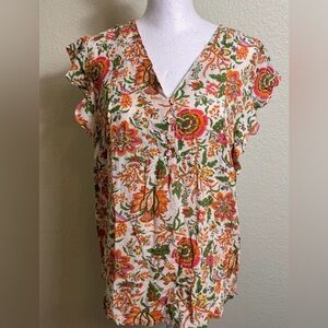 Nicole Miller Orange & Pink Floral Flutter Sleeve Button Detail Top XL